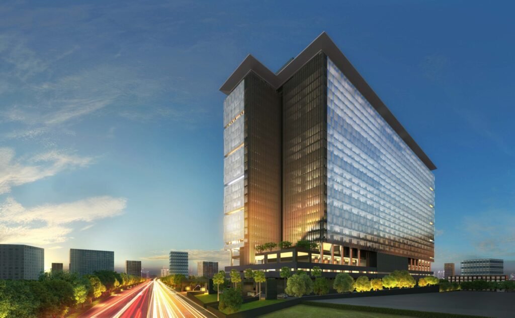Modern glass façade of NAVANMI EON-HYD commercial tower in Financial District Hyderabad – premium office space for sale starting from 2900 sft.