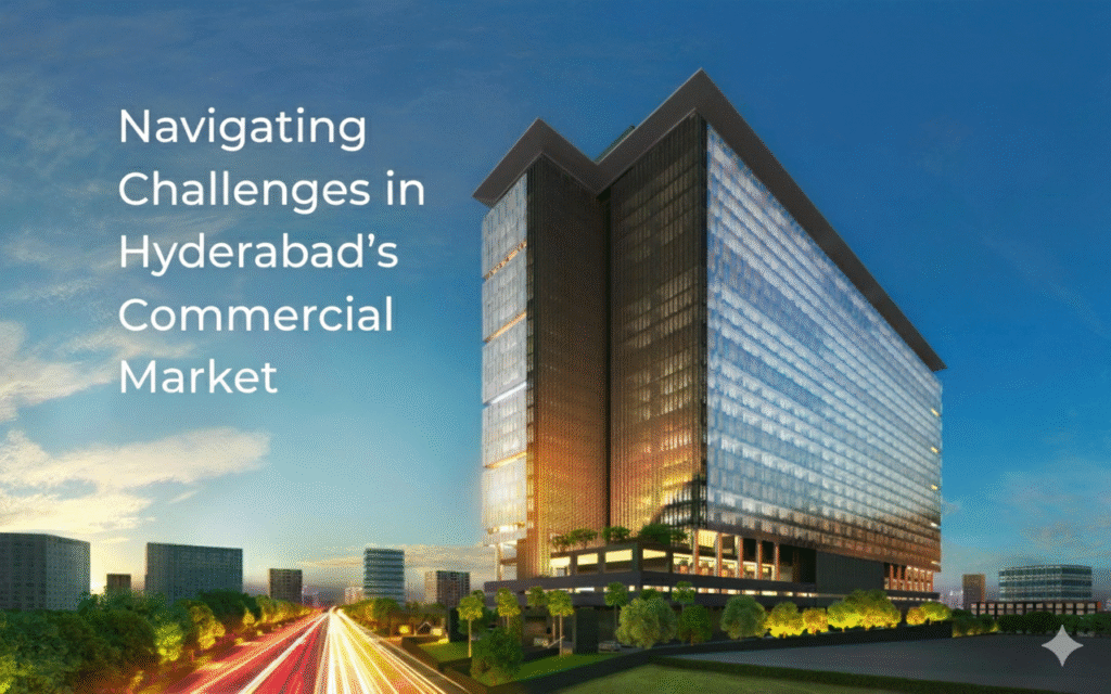 An image of a modern commercial building in Hyderabad with the title "Navigating Challenges in Hyderabad's Commercial Market" superimposed on the left side. The building is a skyscraper with a reflective glass facade, seen from a street level with light trails from cars, and the sky is a mix of blue and orange from the sunse