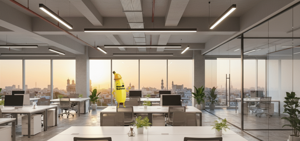 A vibrant and informative advertisement features a stylized banana character named "Nano Banna" wearing a tiny hard hat. Nano Banna stands proudly in front of a modern, glass-paneled office building in Hyderabad, with the city's skyline visible in the background. A speech bubble reads, "Tired of Renting? Own Your Office Space in Hyderabad!". The company name "Nano Banna Solutions" and the tagline "Your Gateway to Ownership" are also visible.