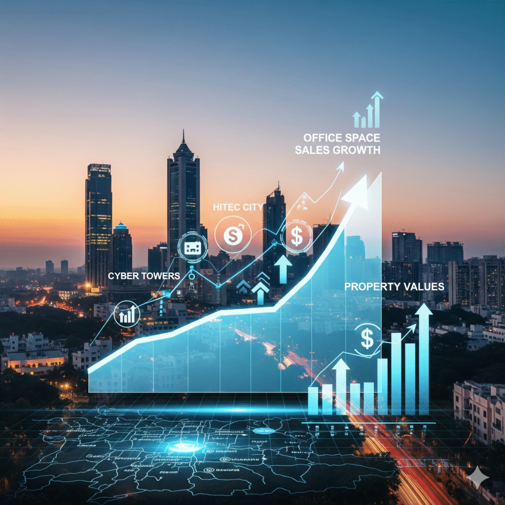 An infographic overlaying a city skyline at dusk, illustrating growth in commercial real estate. A prominent blue translucent graph shows an upward trend labeled "Office Space Sales Growth" and "Property Values," with indicators for "Hitec City" and "Cyber Towers" marked on the skyline. Below the graph is a glowing blue map with location markers.